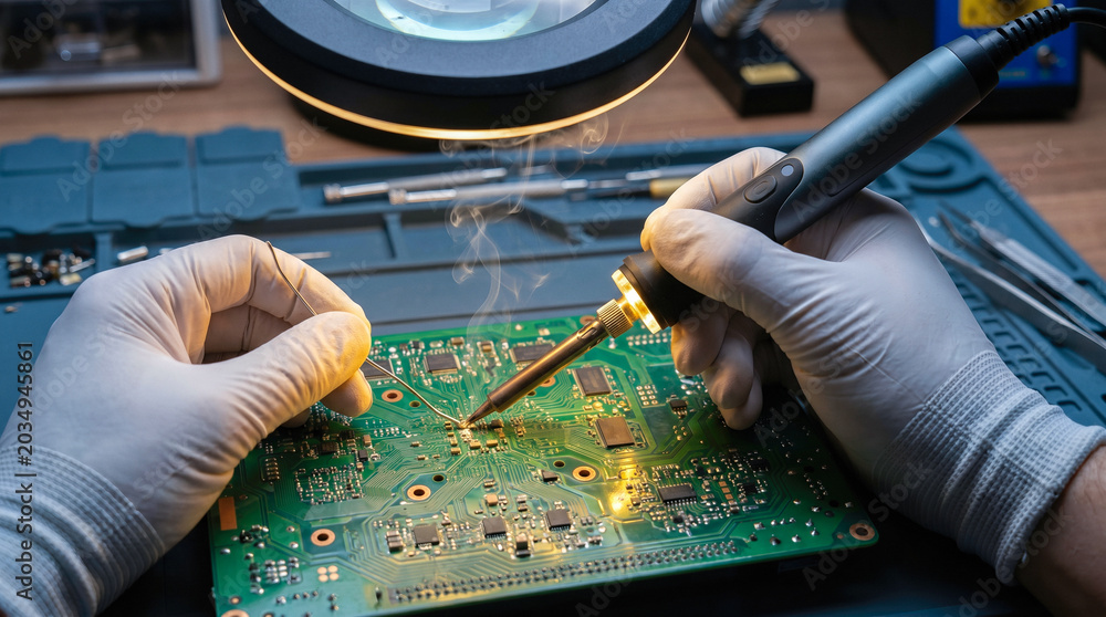 Fototapeta premium professional electronics technician hands wearing white gloves soldering green computer circuit board under magnifying lamp bright modern workshop microelectronics repair concept