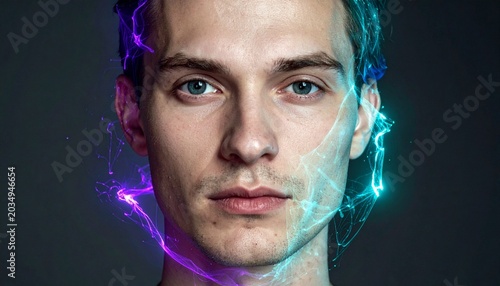Fragmented floating facial features connected by luminous turquoise and purple energy threads. Crystalline skin, overlapping emotions, dark cinematic concept art.