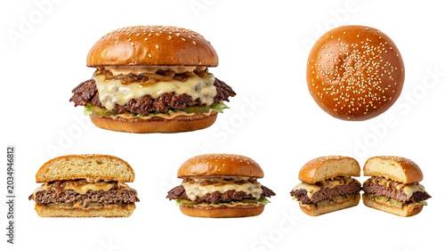 Crispy Smash Burger Gruyère Cheese Transparent PNG Isolated White Background Front Top Side Sliced Half Views Set