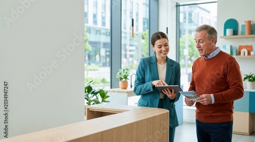 Female employee helping customer with digital tablet in modern office. Professional woman consulting mature man with brochure. Customer service and business assistance concept