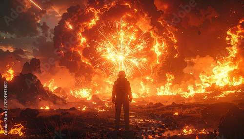 Dramatic silhouette of a person standing in front of a massive explosion with intense