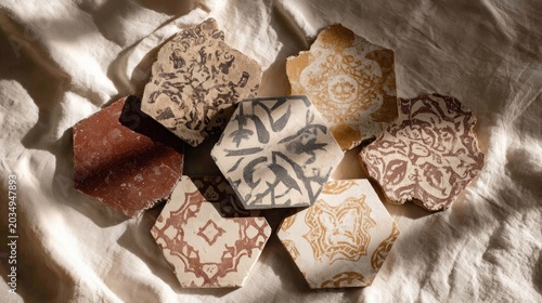 Unique hexagonal tiles showcase intricate patterns and warm eart
