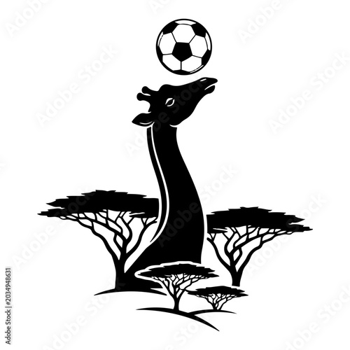 Tablou pe pânză Giraffe balancing soccer ball on its head in a savannah landscape with acacia tr