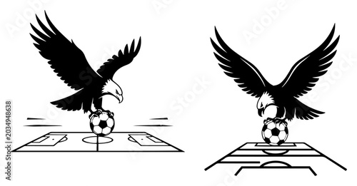 Obraz na plátně Eagle clutching soccer ball over football field pitch stadium minimalist black a