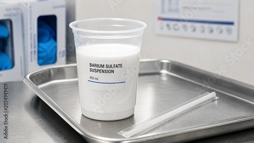 barium. White barium suspension in medical cup with straw, on sterile tray. bar promotions, beverage menus, designed for food & beverage menus and cafe branding, used by art directors.