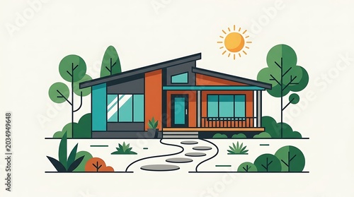 Modern mid-century house illustration with garden and sun