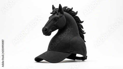 A unique black baseball cap featuring a sculpted 3d horse head design
