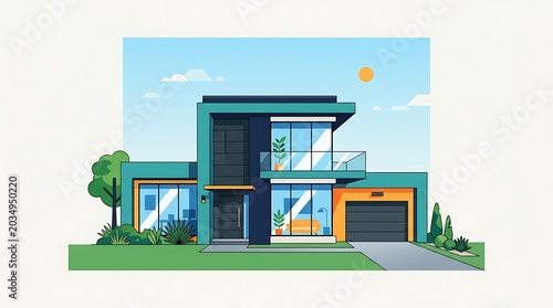 Modern Two Story House Illustration in Minimalist Flat Vector Style