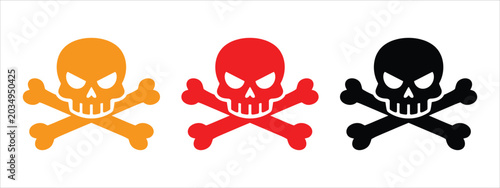 Fotografie Three skull and crossbones icons in orange red and black during daylight concept