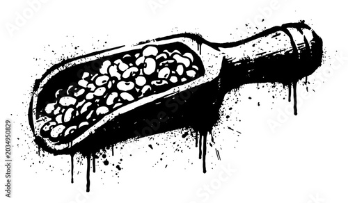 Cuadro en lienzo Wooden scoop filled with roasted coffee beans and ink splatters in grunge artist