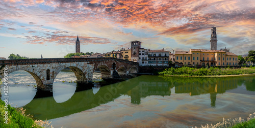 Bild auf Leinwand The Ponte Pietra bridge over the Adige River in Verona, Italy