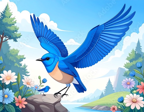 Cartoon bird with outspread wings, perched near a smaller bird on a rock. Flowers and trees under a blue sky