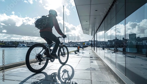 Urban cyclist performing wheelie on city bridge.