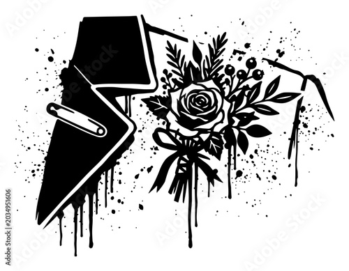 Obraz na płótnie Groom suit lapel with rose boutonniere and safety pin artistic ink splatter styl