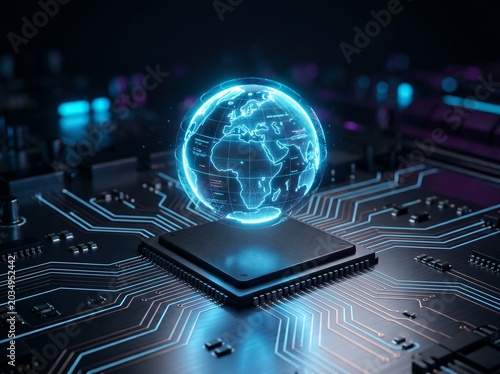 Holographic digital Earth globe floating over microchip processor on motherboard