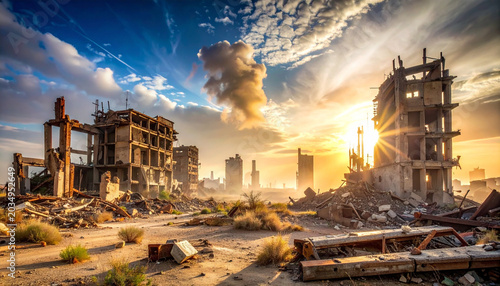 Post-apocalyptic cityscape with ruined buildings at sunset, dramatic sky with clouds