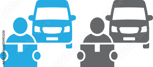 Delivery courier person holding package with transport van vector illustration set graphic.