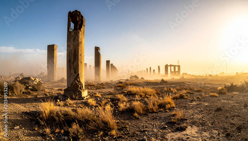 Ancient ruined columns standing in a desert landscape with dusty terrain and a vibrant
