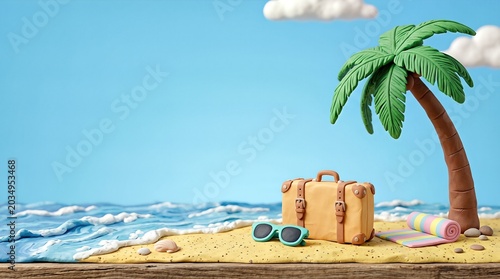 Claymation beach vacation scene with a palm tree and luggage on a sandy shore under a bright blue sky.