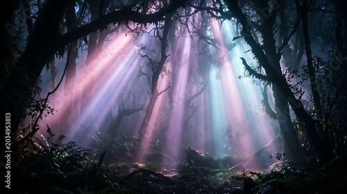 Rainbow Light Beams Shine Through Foggy Forest