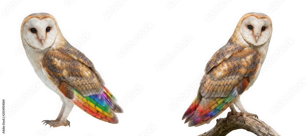 Fototapeta premium Barn owls with rainbow colored tail feathers isolated on transparent background