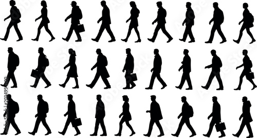 Schilderij op canvas Collection of business people walking silhouettes in side profile isolated on gr