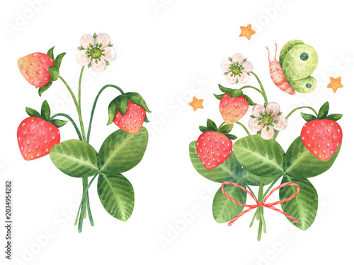 Foto A set of bouquets of ripe wild strawberry branches with green leaves, white blossoms and butterfly in cartoon style