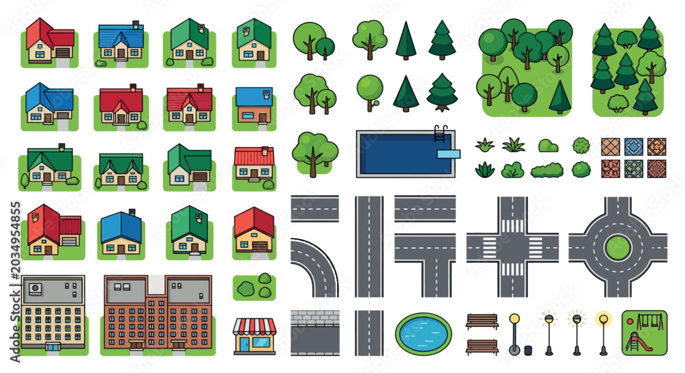 Fototapeta premium City Building Blocks And Landscape Elements Vector Illustration