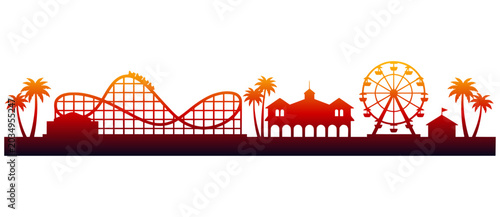 Santa Cruz Beach Boardwalk skyline silhouette with roller coaster, Ferris wheel, and palm trees. California amusement park sunset vector illustration.