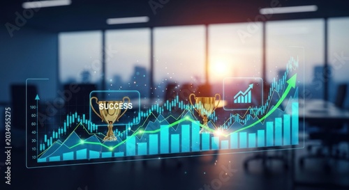 Financial Growth Chart with Success Trophy and Upward Trend.