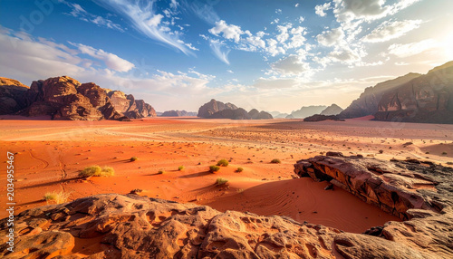 Breathtaking desert landscape with rocky outcrops and sandy dunes under a blue sky