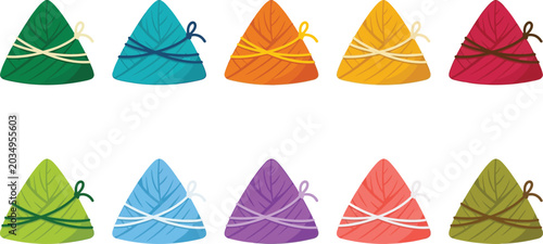 Colorful zongzi, vector illustrations, set of traditional chinese sticky rice dumplings in various colors with ties.