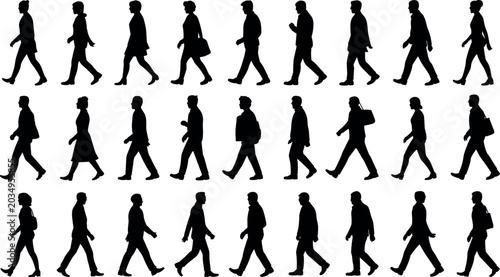 Konstfotografi Set of urban people walking silhouettes in side view isolated on gray background
