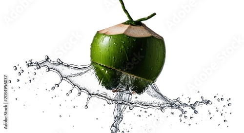 Fresh Green Coconut Water Splash Isolated on White Background.