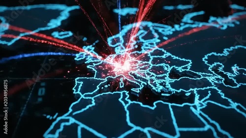 Global network connections visualized on a world map with glowing lines.