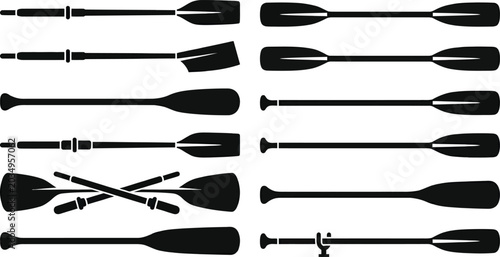 Collection of different black oar and paddle silhouettes for water sports.