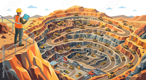 Photos Open pit mine illustration with construction vehicles and a supervising worker