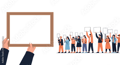 Human hands holding a large blank wooden frame in front of a crowd of protesters carrying empty white signs for social activism messages.