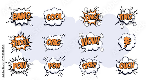 Extensive collection of colorful comic book speech bubbles with popular action texts like wow bang and pow for dynamic graphic storytelling.