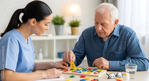 Caregiver and elderly man at table with puzzle and toy block activity in a bright memory care house symbolizing dementia and alzheimer support and cognitive therapy.
