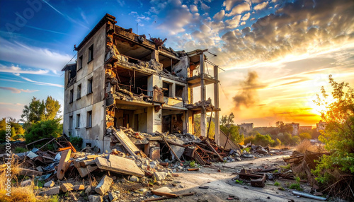 Destroyed building with rubble and debris after war or natural disaster at sunset