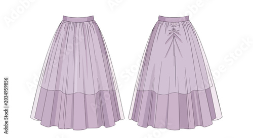 Fashion technical illustration of a purple pleated maxi skirt featuring front and back views with high waist and back lace-up detail