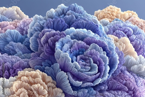 Intricate Fractal Bloom With Lavender Blue and Coral Tones Detailed Texture Macro Shot