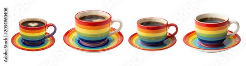 Four colorful rainbow patterned coffee cups with hot beverage and matching isolated on transparent background