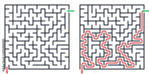 Classic right angle square maze puzzle game and solution path printable logic worksheet for kids vector design