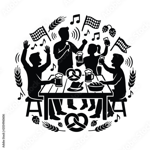 Bavarian beer garden silhouette vector with friends eating at table.