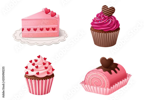 Set of four romantic pink valentines day themed desserts including cake slice, cupcakes, and swiss roll with heart decorations isolated on transparent background