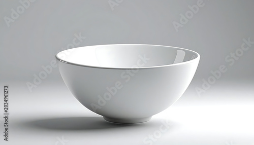 A clean, empty white ceramic bowl with subtle highlights and shadows on a light gray background, ideal for food presentation or minimalist design concepts