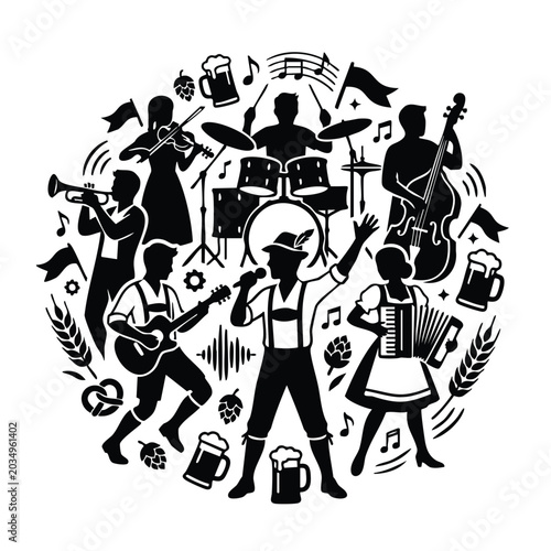 Fotografie German festival band silhouettes with musicians and beer mugs icons