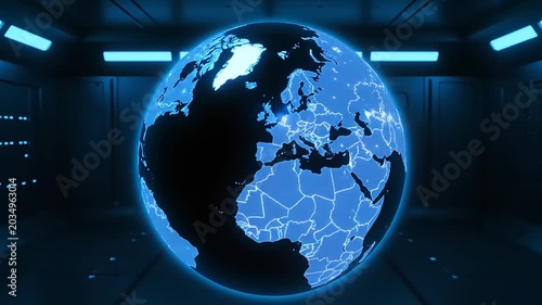 Glowing Digital Earth Globe Rotating in Futuristic Sci-Fi Environment.